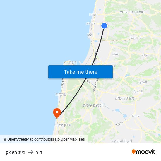 בית העמק to דור map