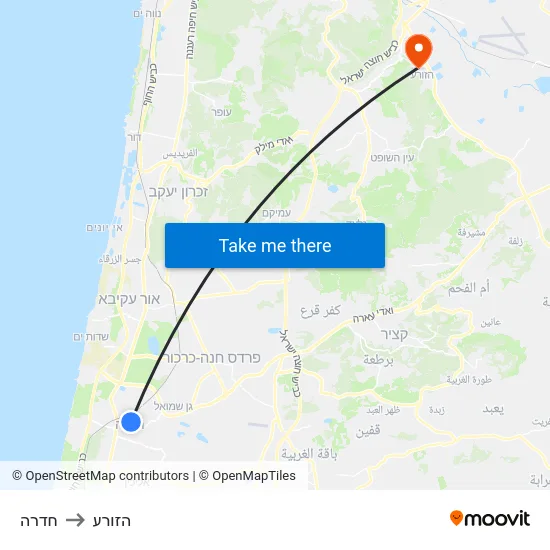 חדרה to הזורע map