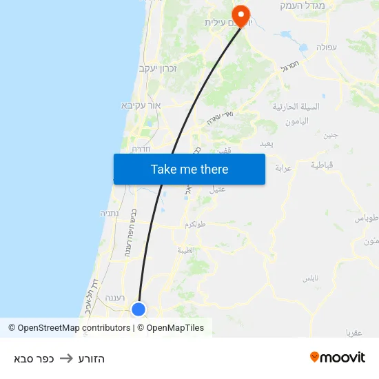 כפר סבא to הזורע map