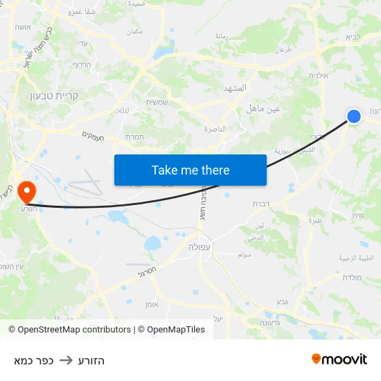 כפר כמא to הזורע map