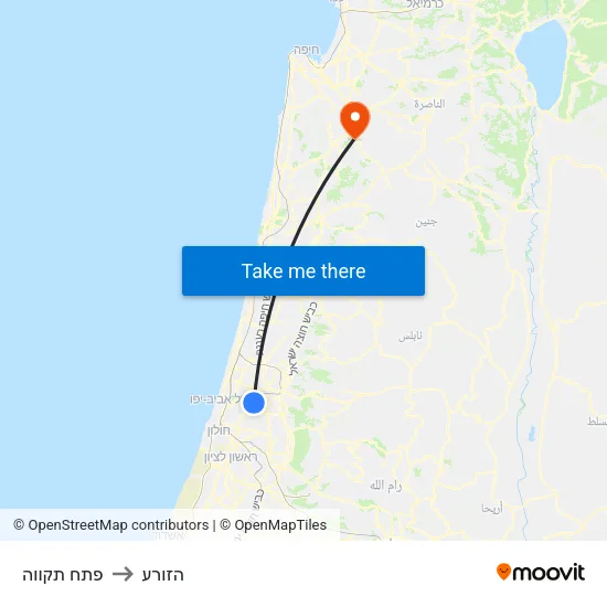 פתח תקווה to הזורע map