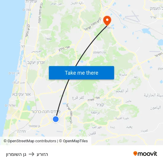 גן השומרון to הזורע map