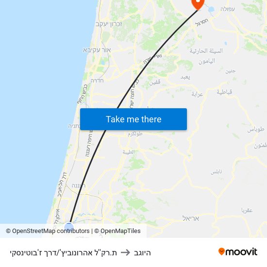 ת.רק''ל אהרונוביץ'/דרך ז'בוטינסקי to היוגב map