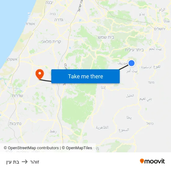 בת עין to זוהר map