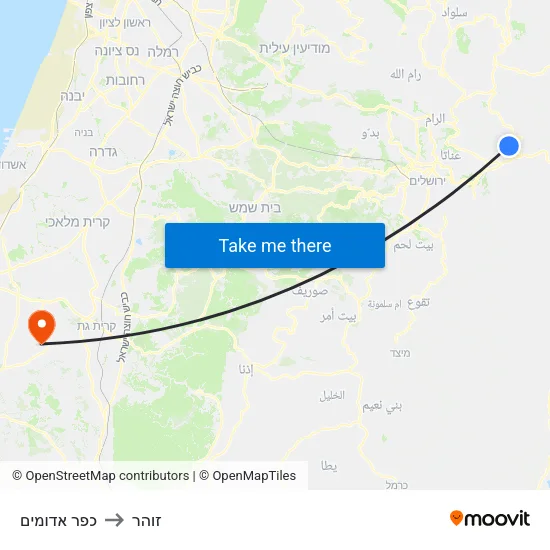 כפר אדומים to זוהר map