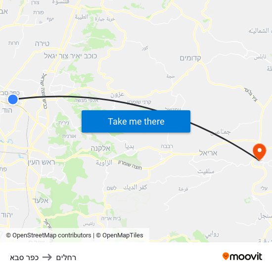 כפר סבא to רחלים map