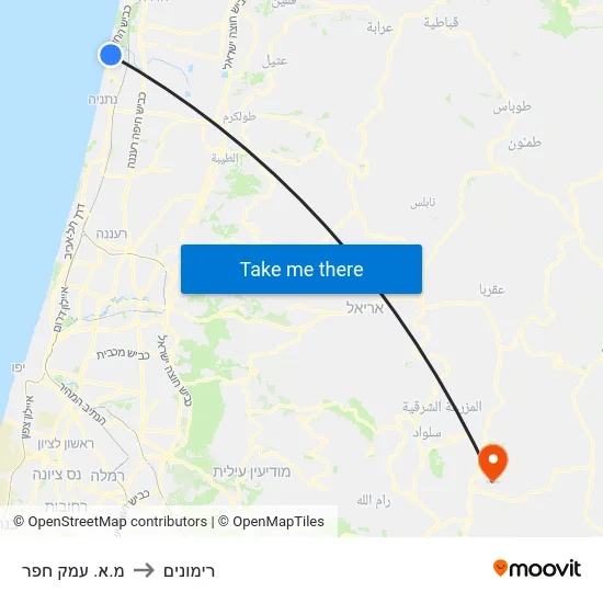 מ.א. עמק חפר to רימונים map