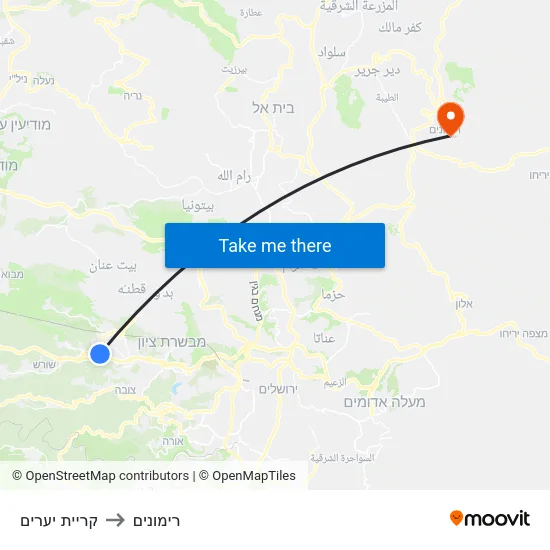 קריית יערים to רימונים map
