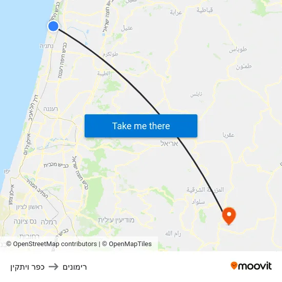 כפר ויתקין to רימונים map