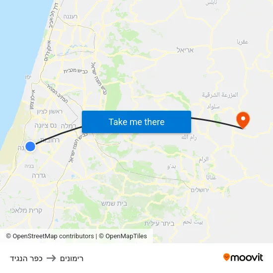כפר הנגיד to רימונים map
