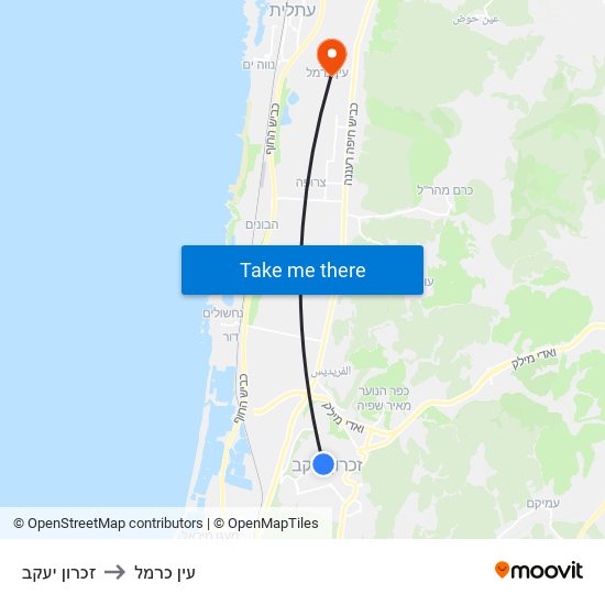 זכרון יעקב to עין כרמל map