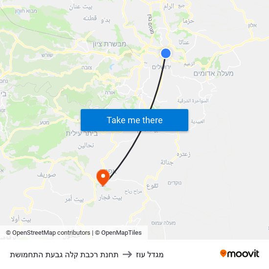 תחנת רכבת קלה גבעת התחמושת to מגדל עוז map