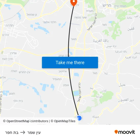 בת חפר to עין שמר map