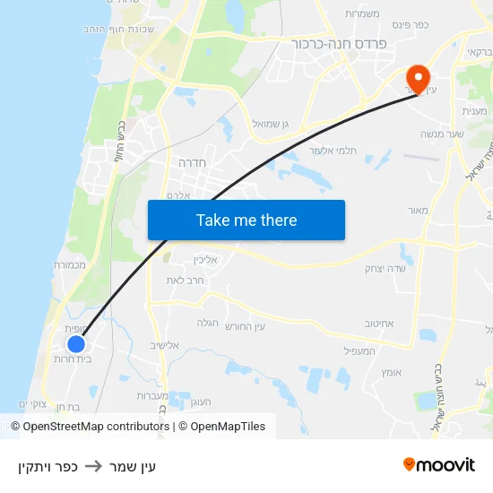 כפר ויתקין to עין שמר map