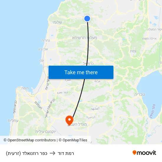 כפר רוזנואלד (זרעית) to רמת דוד map