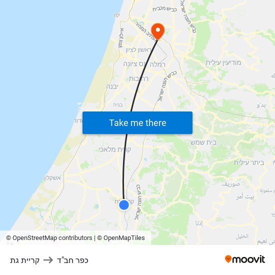 קריית גת to כפר חב"ד map