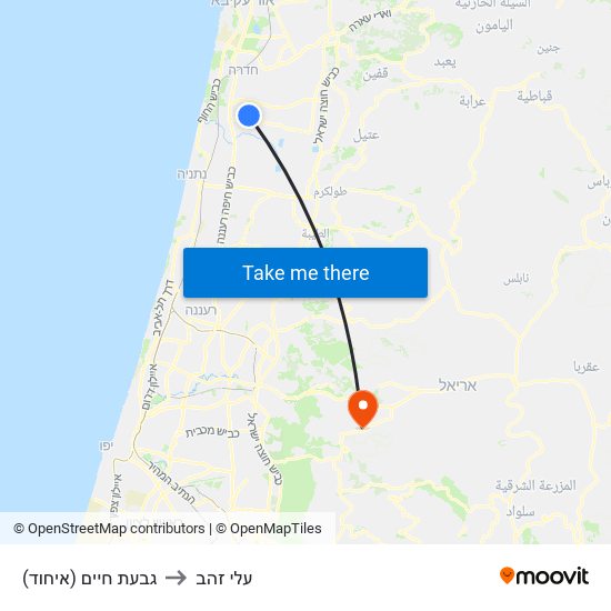 גבעת חיים (איחוד) to עלי זהב map