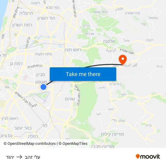 יהוד to עלי זהב map