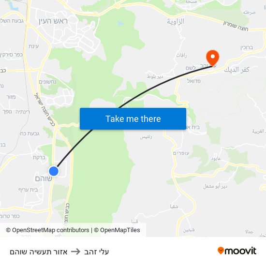 אזור תעשיה שוהם to עלי זהב map