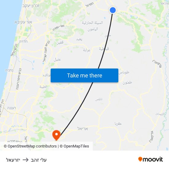 יזרעאל to עלי זהב map