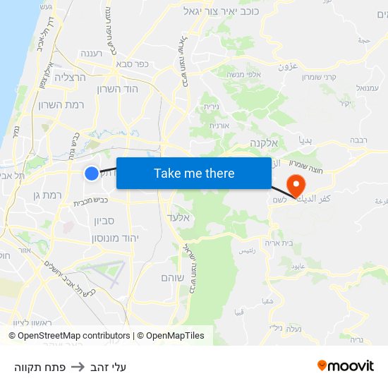פתח תקווה to עלי זהב map