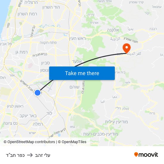 כפר חב"ד to עלי זהב map