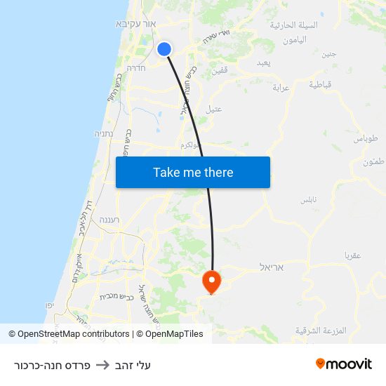 פרדס חנה-כרכור to עלי זהב map