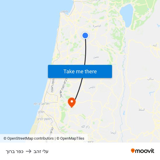 כפר ברוך to עלי זהב map