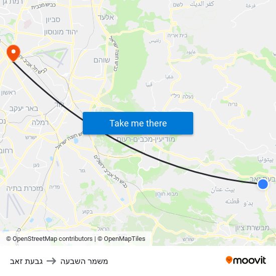 גבעת זאב to משמר השבעה map