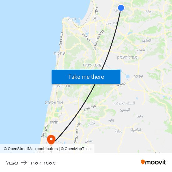 כאבול to משמר השרון map