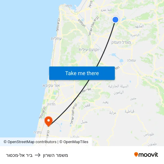 ביר אל-מכסור to משמר השרון map