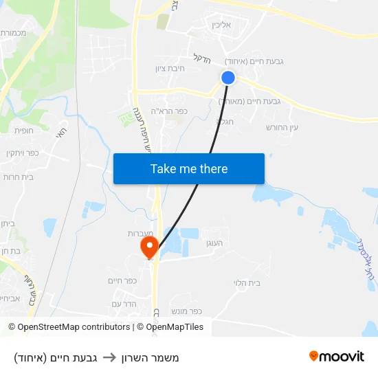 גבעת חיים (איחוד) to משמר השרון map