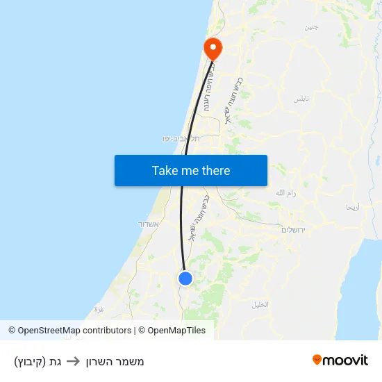 גת (קיבוץ) to משמר השרון map