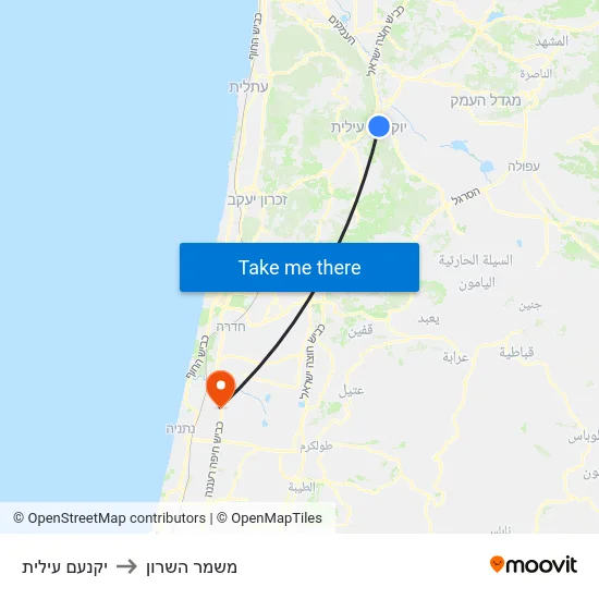 יקנעם עילית to משמר השרון map