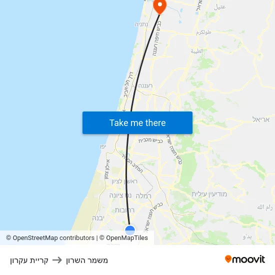 קריית עקרון to משמר השרון map