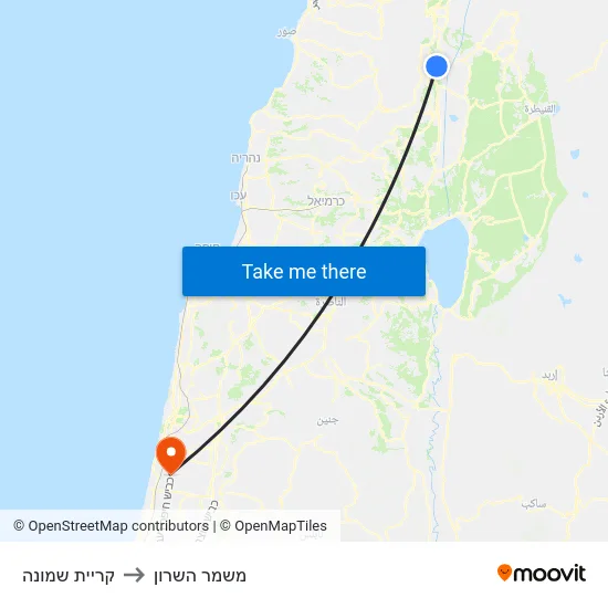 קריית שמונה to משמר השרון map