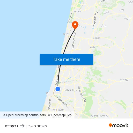גבעתיים to משמר השרון map