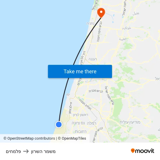 פלמחים to משמר השרון map