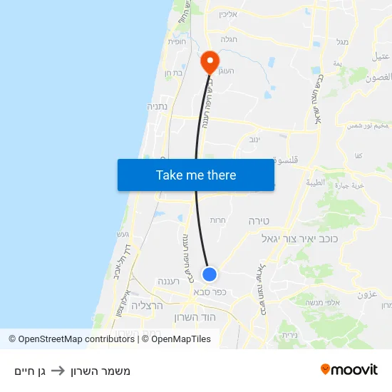 גן חיים to משמר השרון map