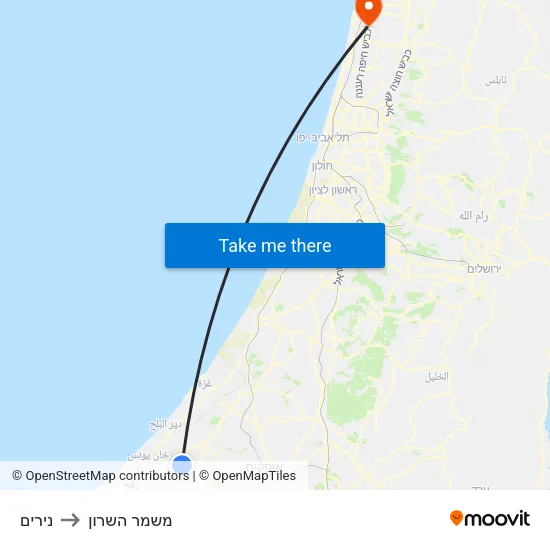 נירים to משמר השרון map