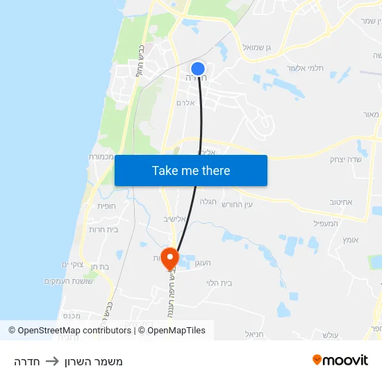 חדרה to משמר השרון map