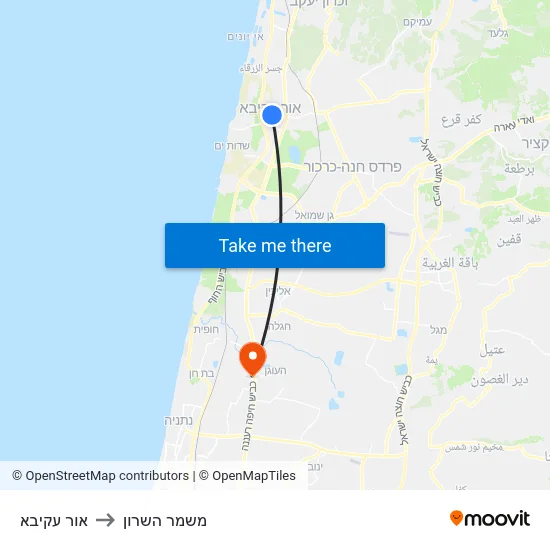 אור עקיבא to משמר השרון map
