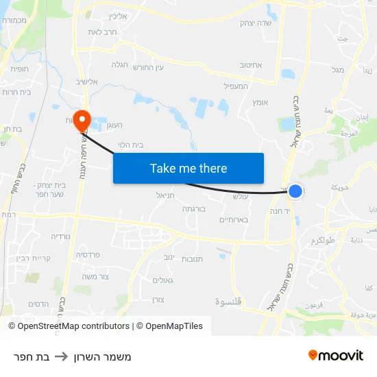 בת חפר to משמר השרון map
