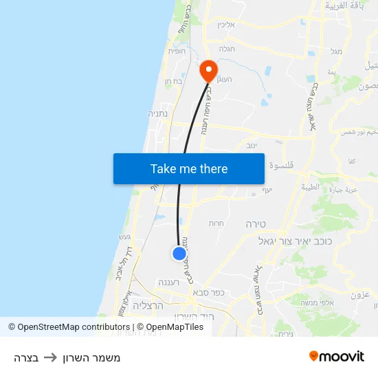 בצרה to משמר השרון map