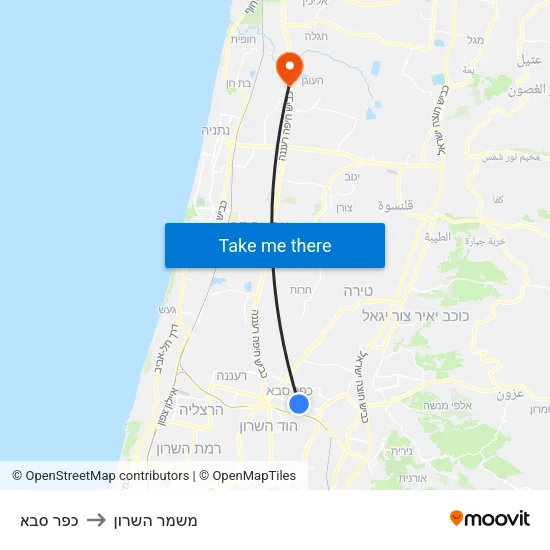 כפר סבא to משמר השרון map