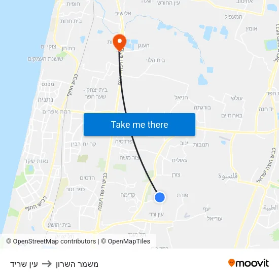 עין שריד to משמר השרון map