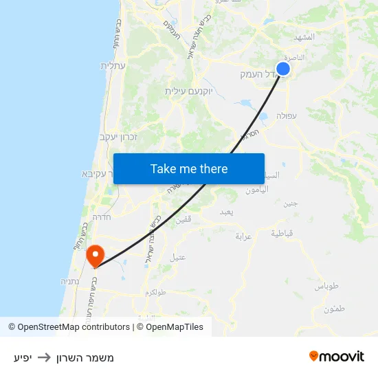 יפיע to משמר השרון map