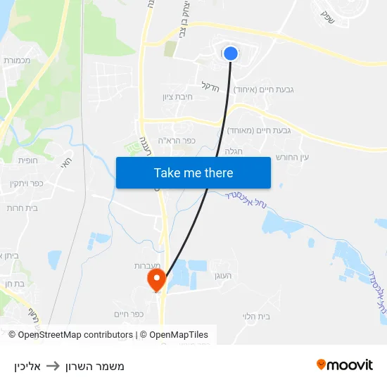 אליכין to משמר השרון map