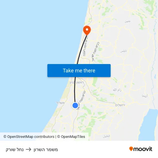 נחל שורק to משמר השרון map