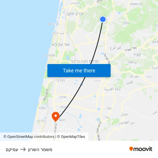 עמיקם to משמר השרון map